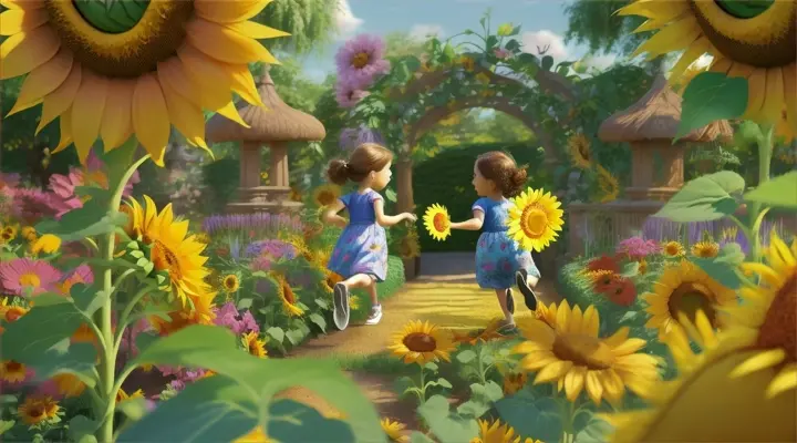  In the garden so bright, under the sun's warm light, Children laugh and play, in colors so gay. With flowers in bloom, filling the air with perfume, Oh, what a delight, in the garden so bright. A bustling scene of a whimsical garden filled with towering sunflowers and lush bushes, where children in vibrant clothing chase after fluttering butterflies and hide-and-seek among the greenery. Pixar 3D 16:9
