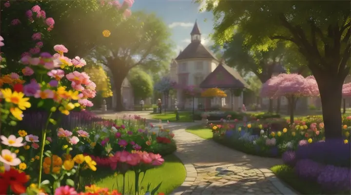 Opening Shot: A vibrant garden bathed in sunlight, flowers of all colors in full bloom, children playing in the background., , In this scene, an array of magnificent trees and bushes with sparkling dewdrops add to the garden's charm; a small, cobblestone path winds through the lush vegetation, inviting visitors to explore., Pixar 3D 16:9