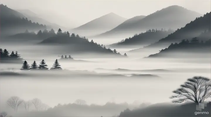 Soft, ethereal mountains in mist, minimalist aesthetic, modern Asian ink painting style