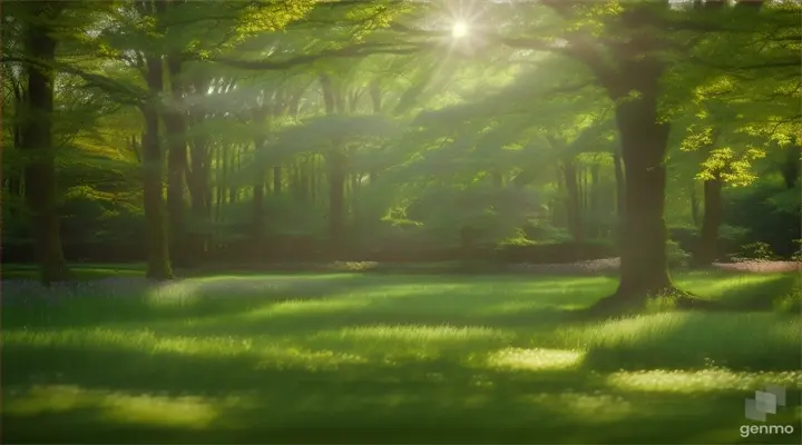 lush green woodland, springtime, sunlight, landscape