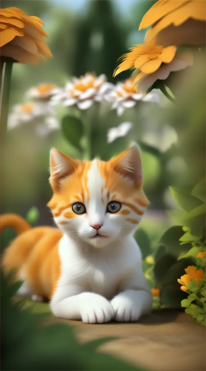 Cute Orange and White Kitten in the garden, 3D cartoon style