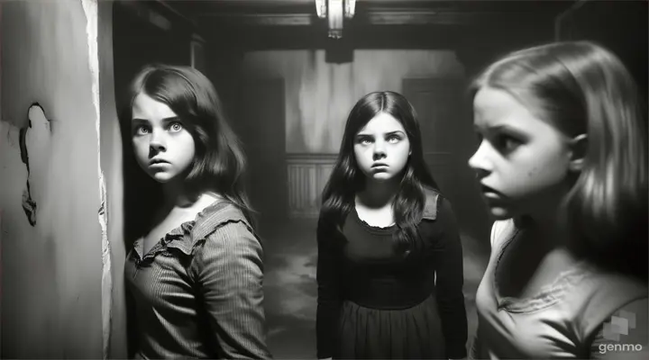 two teen girls and one teen boy they are panic and look frightening, walking silently in basement haunted house