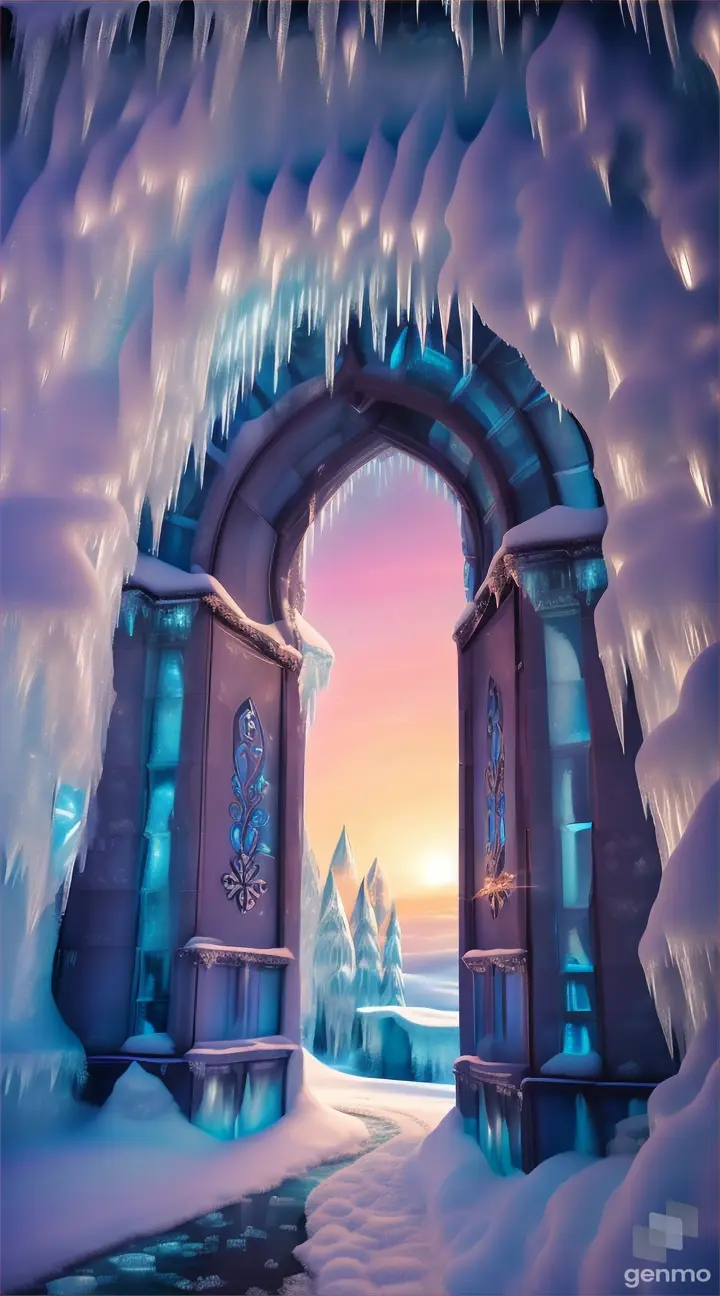 frozen portal to another world, icicles portal, portal made of ice and snow, inside the portal is a lush tropical oasis, colorful, aurora borealis --style MJv6 8k  9/16