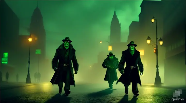 In the green lighting, men who look like monkeys are walking towards them along the street of the city and baring their teeth. High detail, digital painting style.