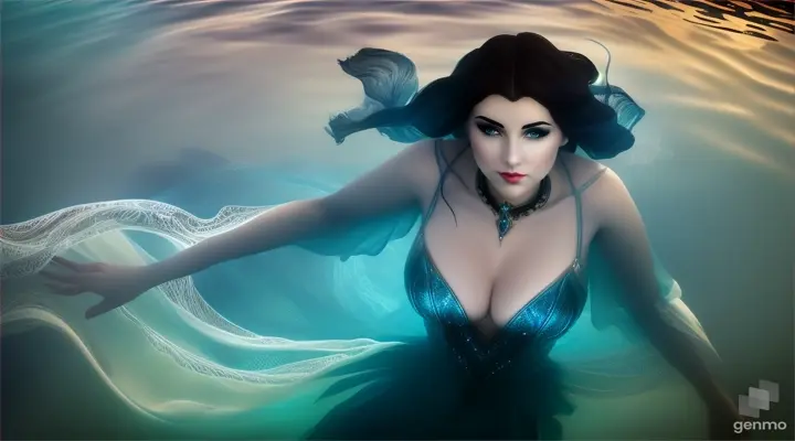 Gorgeous busty DIETY OF THE SEA,  ethereal form,sexy and  sultry,, messy   hair, FLOWING DEEP V dress, Fantasy Dream Art,  reminiscent of a blend between deco steampunk and futuristic aesthetics, water  and mist silhouette, Shadow play, top view, light, mist, moody,  water vortices, water splashes, mysterious, glossy hair, earthy, vivid,  Abstract Neoralism, cinematic, Film light, Hyper detailed, Hyper realistic, masterpiece, atmospheric, High resolution, Vibrant, High contrast, dark angle,  8k, HDR, 500px, FUJIFILM, bokeh