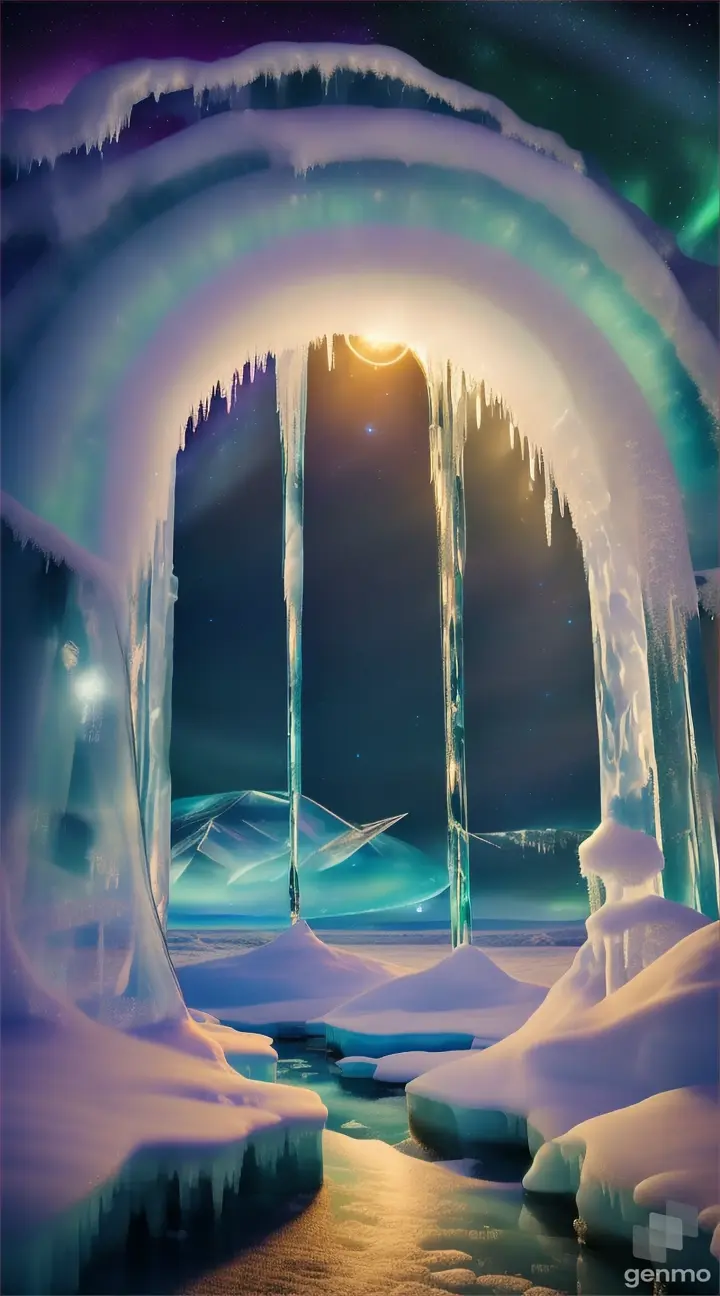 frozen portal to another world, icicles portal, portal made of ice and snow, inside the portal is a lush tropical oasis, colorful, aurora borealis --style MJv6 8k 9/16