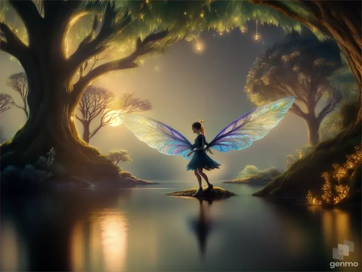 A lone fairy immersed in an iridescent, mystical forest under a moonlit sky