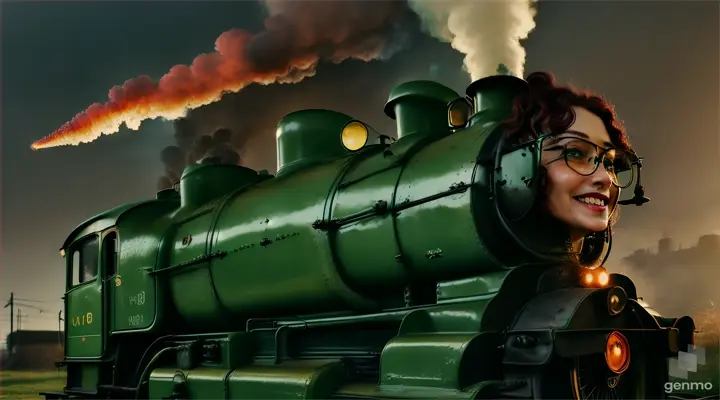 AA beautiful girl with short red curly hair in green glasses smiles and sits astride, dangling her legs on an old rusty green toy locomotive without wheels, smoke is coming from the chimney, grass and leaves are rolling. High detail, cyberpunk style.