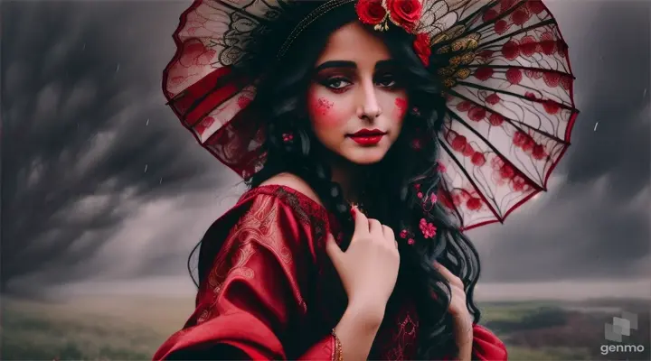 Create a major piece in UHD (64 k) perfect photogaphic eyes  of a surprisingly joyful and happy face of a young gypsy woman-
dressed in red and black in an atmosphere of rain and storm -perfect female silhouette-
studio quality, aesthetic,with red flowers breathtaking in verity and finesse-innovative 
and creative craftsmanship-dynamic, elegant, watercolor wash+spirit ink, finely detailed and precise artistic pro-works
of art, in the style (( art by Carne Griffith, Harry Fisher, Rembrand and Aaron horkey)) golden ratio
Captured in exquisite detail on canvas, this mesmerizing image evokes trending on artstation, sharp focus, studio
