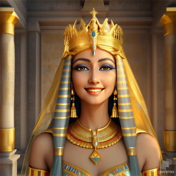 "This is an image inspired by ancient Egyptian culture, surrounded by a serene and mystical environment. The character has long, flowing white skin adorned big blue eye smile a little with flowers and wears intricate golden jewelry featuring a beautiful young woman in traditional attire standing inside a room decorated with unique symbols and architecture of Egypt. She smiles happily, wearing a golden crown with intricate designs, and her face is obscured by a beige rectangle. The walls are adorned with various Egyptian symbols and hieroglyphs, giving the image a historical and cultural atmosphere. Additionally, there is a door or window that opens to reveal the pyramids under a clear sky, creating a connection between the interior and the significant sites of ancient Egypt outside. To the right, there is a statue of an animal resembling a lion wearing an Egyptian crown similar to those worn by pharaohs, and the ceiling is decorated with colorful art and patterns characteristic of ancient Egyptian art." horizontal image