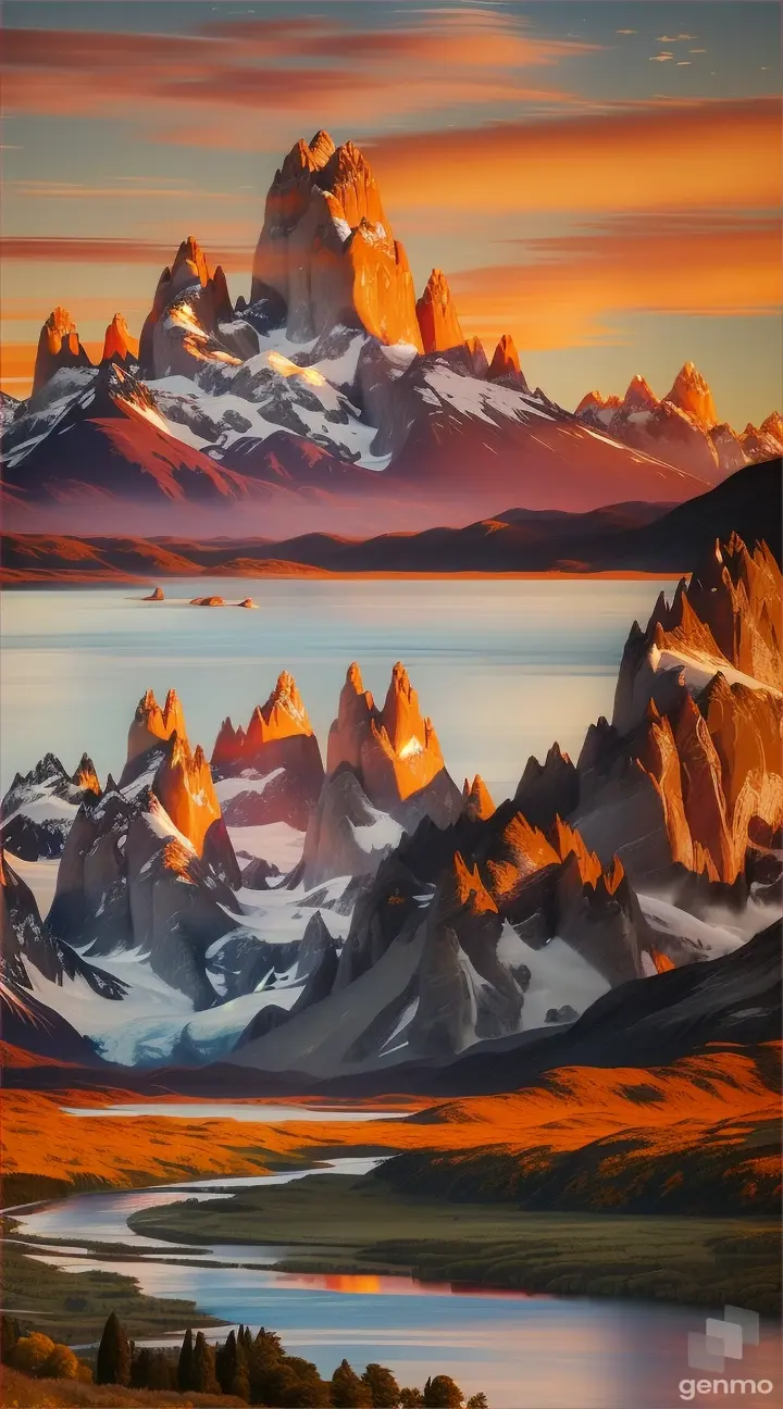El Chalten landscape, including Mt Fitz Roy, painted by Vincent Van Gogh on a clear early evening with a kind of orange cloudy sky 8k 9/16
