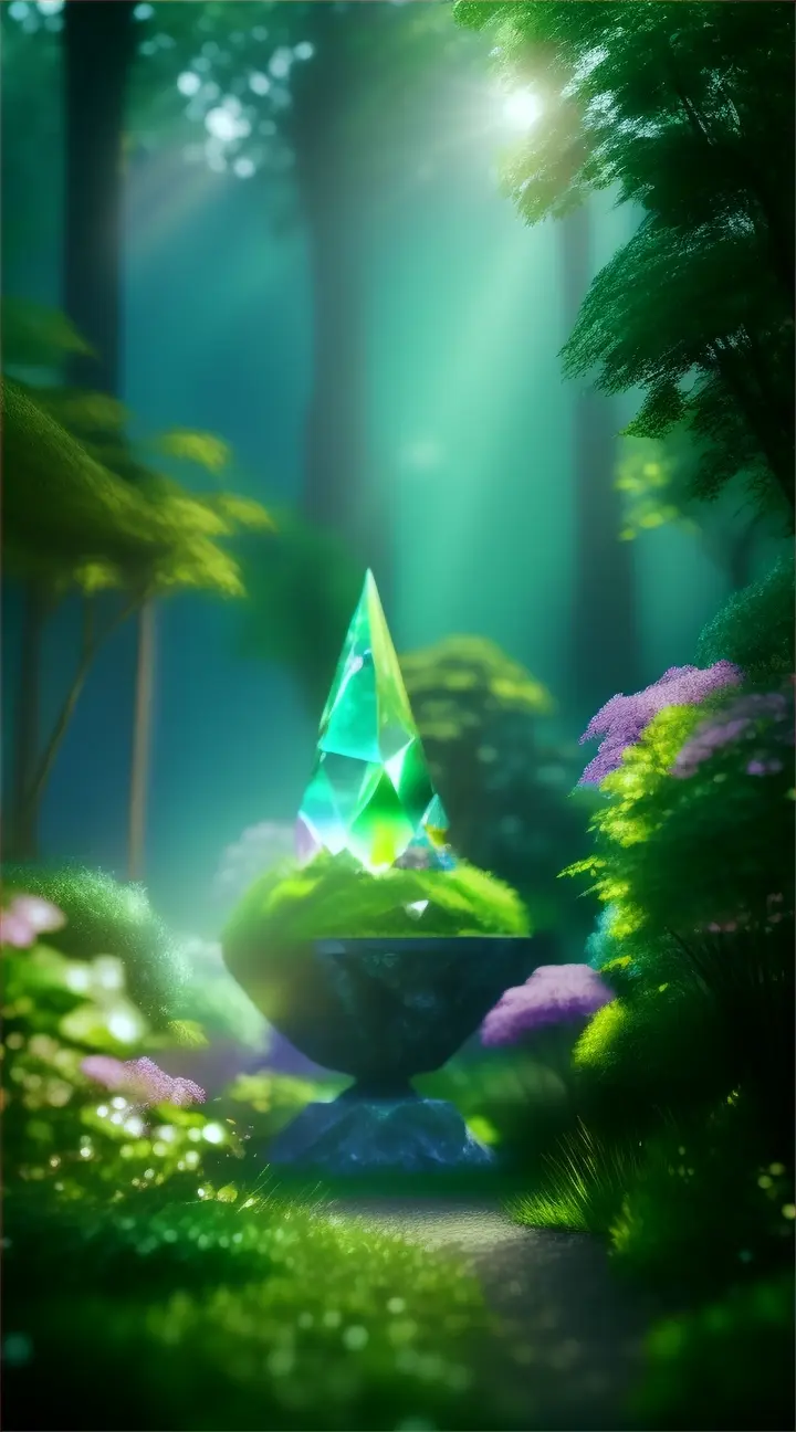 A view of a mystical crystal garden, with a variety of brilliantly shining quartz crystals set against vibrant green foliage. 9:16