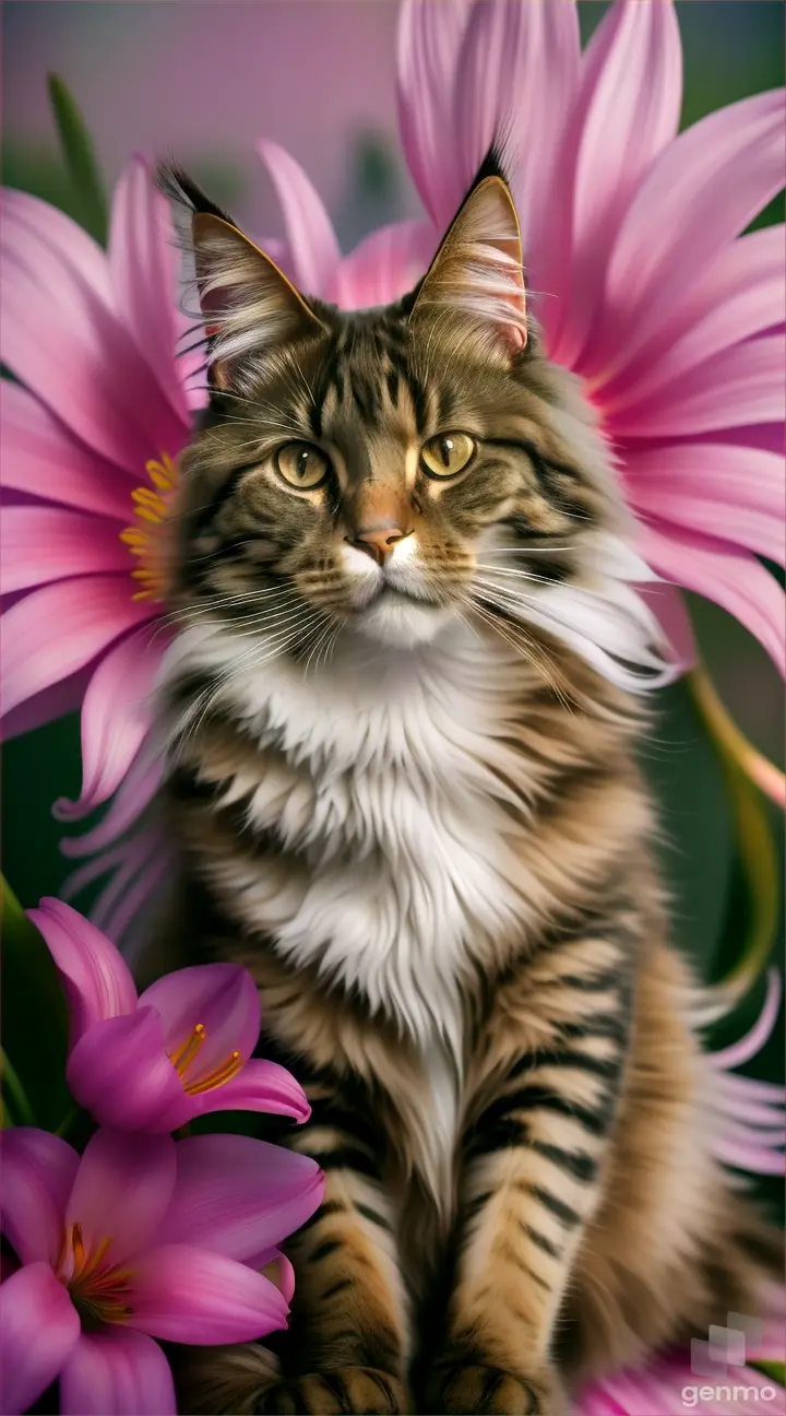 um gato maine coon  e um lírio