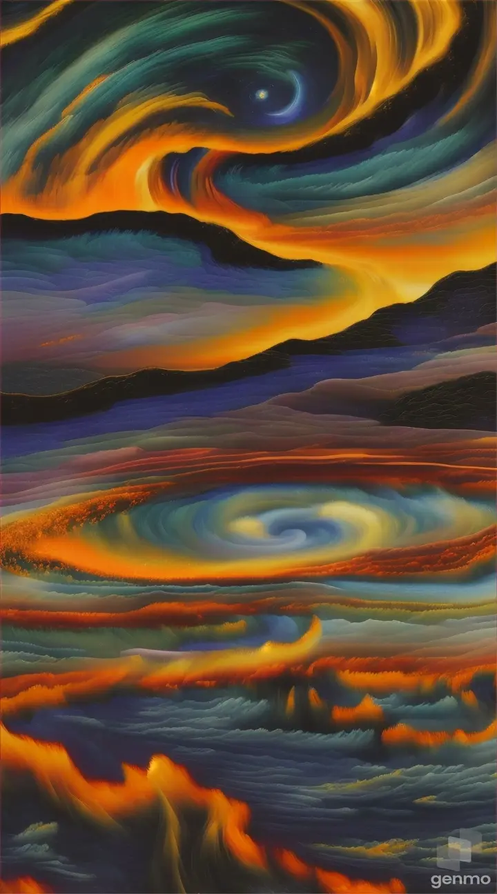 Landscape painted by Vincent Van Gogh on a clear night with an orange cloudy sky 8k 9/16