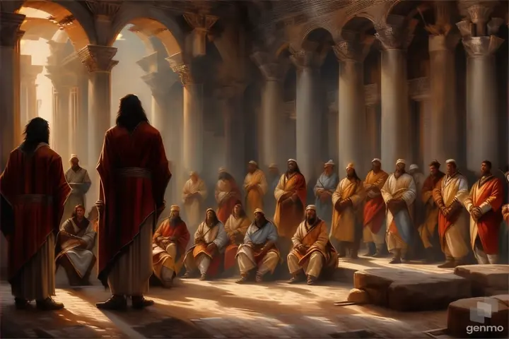 a painting of a group of people standing around