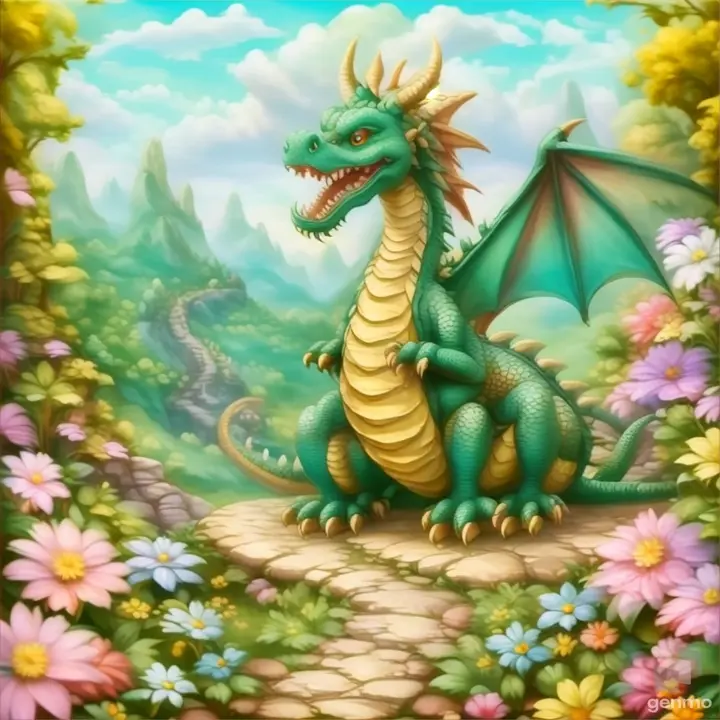 a painting of a dragon sitting in a garden