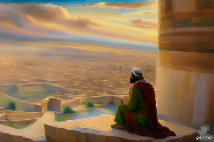 a painting of a man sitting on a ledge overlooking a city