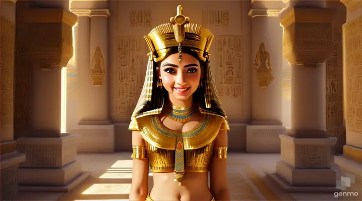 "This is an image inspired by ancient Egyptian culture, surrounded by a serene and mystical environment. The character has long, flowing white skin adorned big blue eye smile a little with flowers and wears intricate golden jewelry featuring a beautiful young woman in traditional attire standing inside a room decorated with unique symbols and architecture of Egypt. She smiles happily, wearing a golden crown with intricate designs, and her face is obscured by a beige rectangle. The walls are adorned with various Egyptian symbols and hieroglyphs, giving the image a historical and cultural atmosphere. Additionally, there is a door or window that opens to reveal the pyramids under a clear sky, creating a connection between the interior and the significant sites of ancient Egypt outside. To the right, there is a statue of an animal resembling a lion wearing an Egyptian crown similar to those worn by pharaohs, and the ceiling is decorated with colorful art and patterns characteristic of ancient Egyptian art." horizontal image