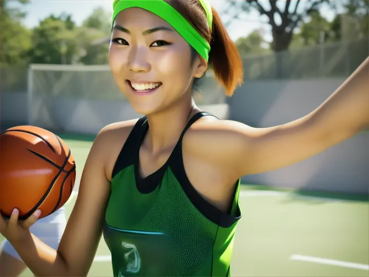 Japanese toned womans tanned shouldermole shining in the sun sleeveless basketball jesery” sweat band arm band hypnotic glowing green eyes looking at viewer laughing