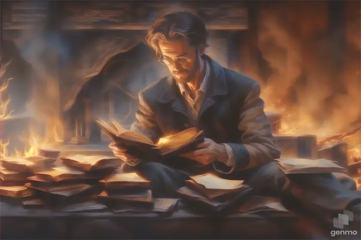 a man reading a book in front of a fire