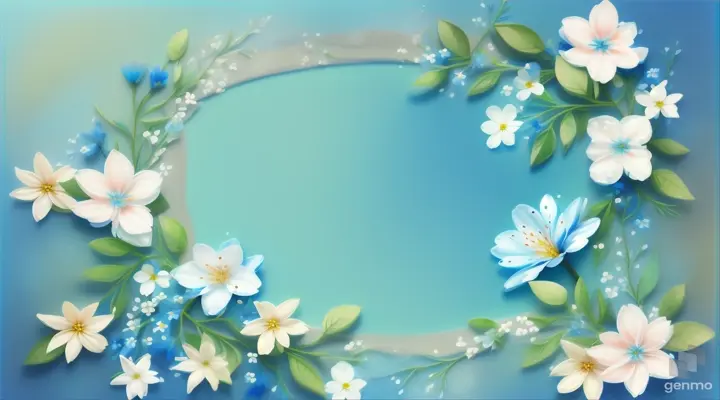Animated floral frame. Blossom of blue and white flowers, copy space in the center of composition. Blank space for text,. แนวนอน
