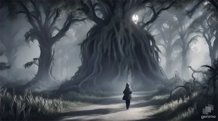 Mohan in a haunted grove, surrounded by twisted trees and thorny bushes, with the eerie glow of moonlight revealing a shocking discovery of an abandoned baby