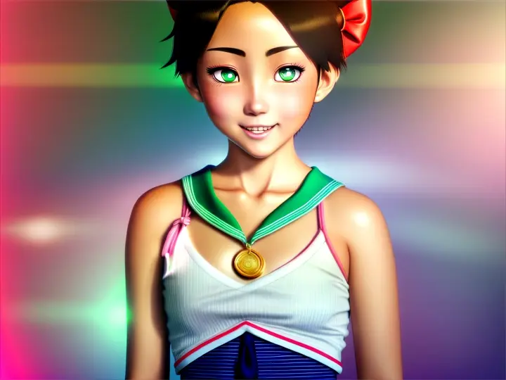 “Anime Japanese toned tomboy short hair womans tanned shouldermole shining in the sun sleeveless sailo scoutr dress midriff sweat band arm band focus hypnotic glowing eyes green laughing 5 yen hypno coin in hands 11”