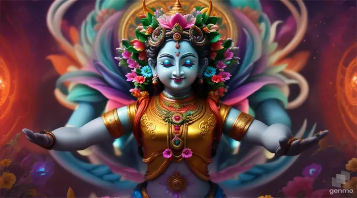 Hindu gods in flowers surrounding in  16:9 ratio hd body movement sci-fi