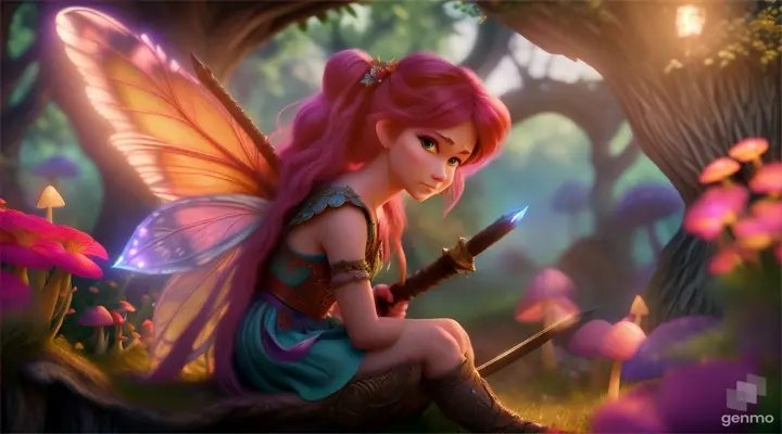 An angry Pixar-style fairy warrior holding a long sword, getting ready for battle, sitting in a cozy garden nook atop a mushroom surrounded by glowing flowers and butterflies