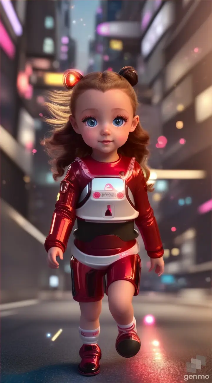 A little very sweet and cute futuristic  baby girl of 2 years age looks like a small  doll with beautiful big blue eyes, rosy cheeks, lips, brown black long wavy hair,in smart red and white futuristic outfit is running through the streets of USA very speedily in afraid of a dog, in Evening time, stunning special effects, perfect prominent features, exact professional video, one of a kind, masterpiece artwork, should be viral in Youtube, very bright and colourful, 8K, 9:16 ratio