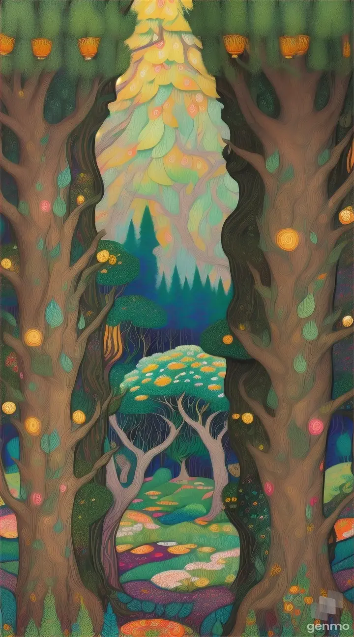 The illustration design of the whimsical forest scene, inspired by the narrative charm of William Morris and the bold motifs of Gustav Klimt, is decorated with decorative colors.. 8k 9/16