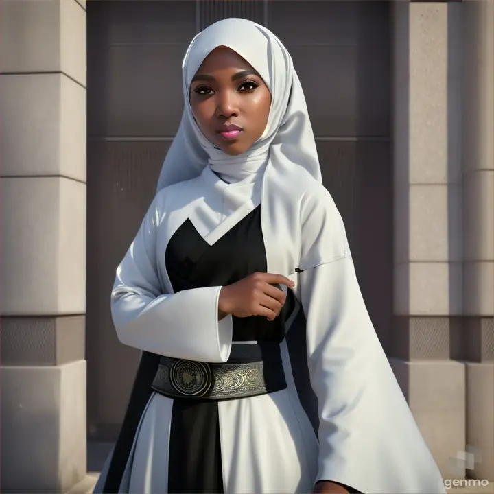 Black girl hijabi as a ninja jedi samurai in an white abaya