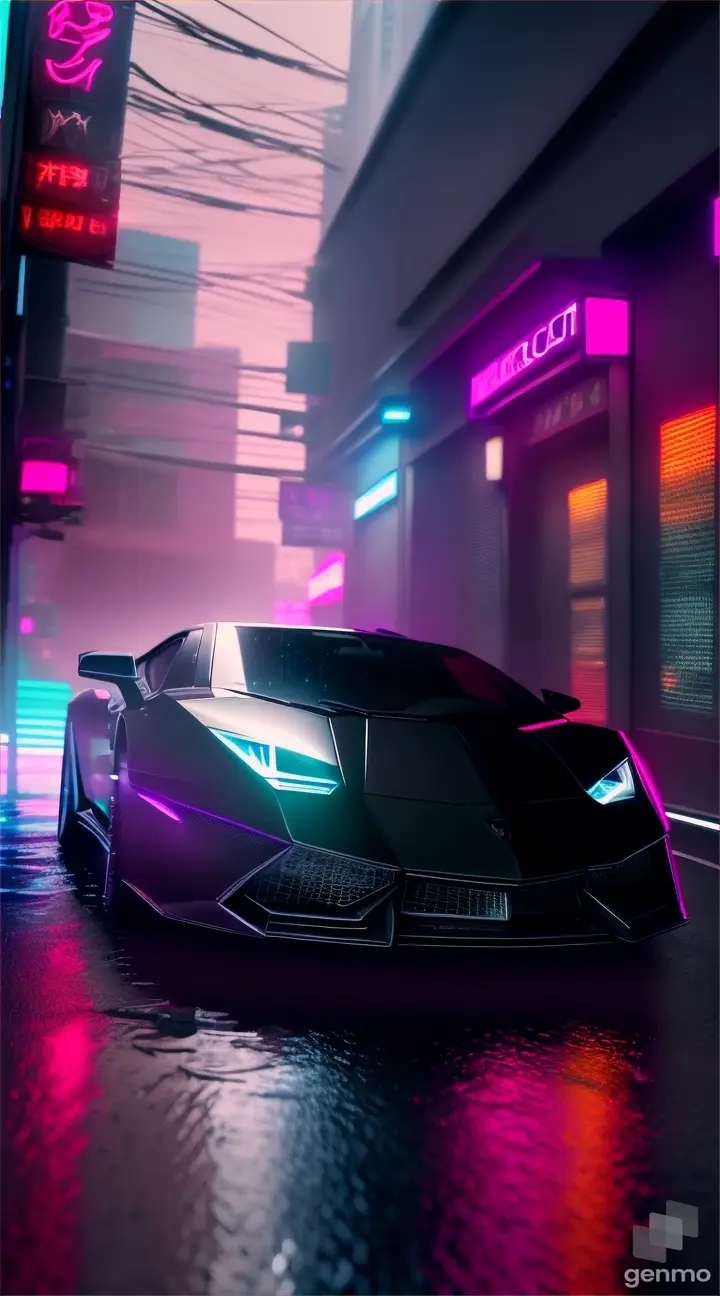 Black Lamborghini  runs through a tokyo alley