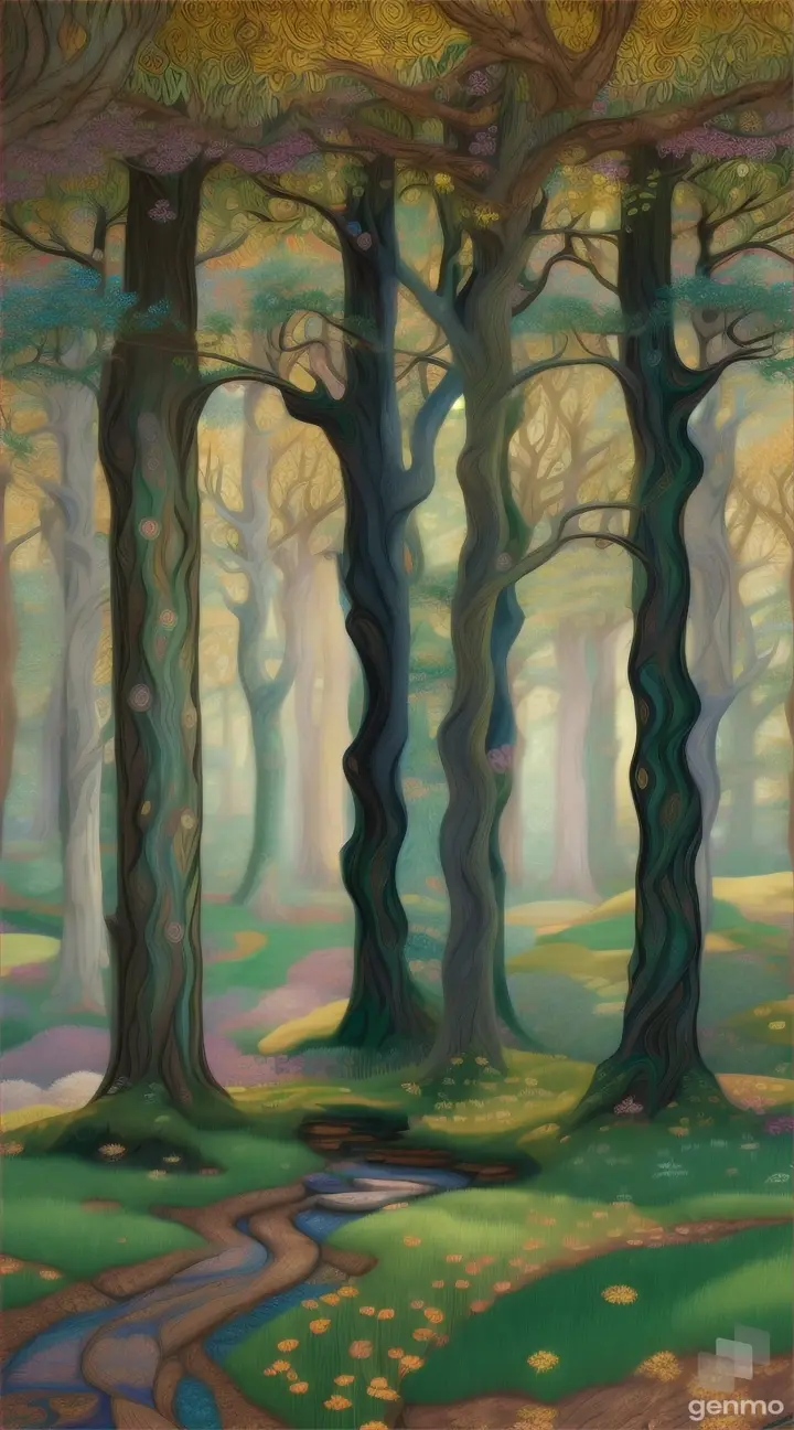 The illustration design of the whimsical forest scene, inspired by the narrative charm of William Morris and the bold motifs of Gustav Klimt, is decorated with decorative colors.. 8k 9/16