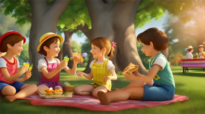Picnic Scene: Children sitting under the shade of a large tree, sharing sandwiches and lemonade, smiling and chatting happily. They are surrounded by a lush park, with squirrels playing nearby and a clear blue sky above. Colorful balloons are tied to the tree branches. In Pixar 3D styl