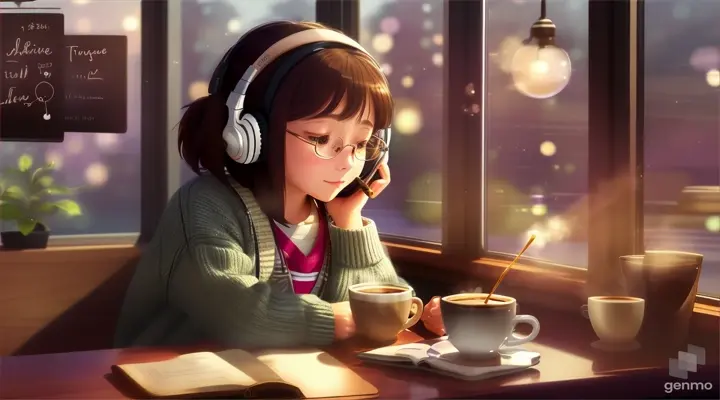 a girl wearing headphones, studying in the coffee shop, the starlight shying, listening to the New Jack Swing music, focus the desk view, size 1280x720, in Studio Ghibli style