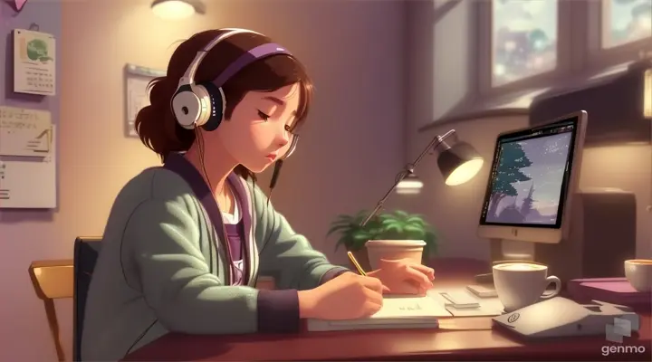 a girl wearing headphones, studying in the coffee shop, the starlight shying, listening to the New Jack Swing music, focus the desk view, size 1280x720, in Studio Ghibli style