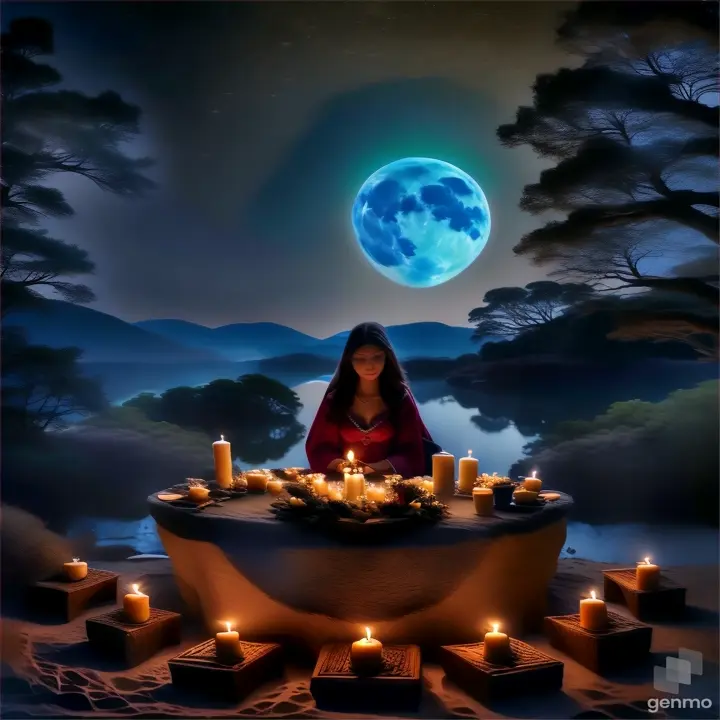 a woman sitting at a table surrounded by candles