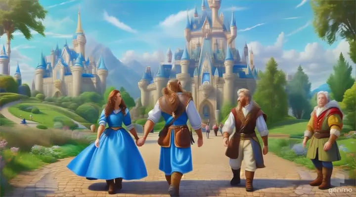 a man and a woman are walking towards a castle
