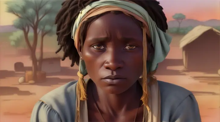 30-year-old extremely poor village woman of rural Africa looking beaten by circumstances, 2d animation