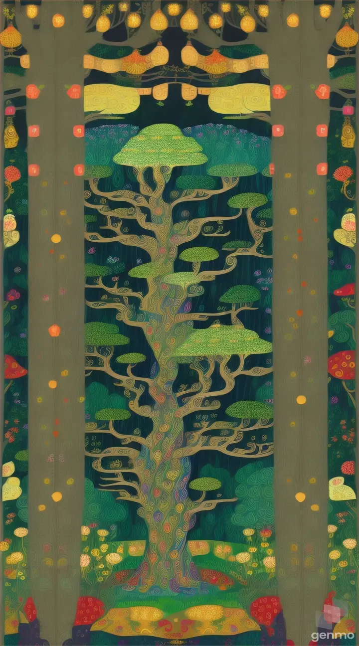 The illustration design of the whimsical forest scene, inspired by the narrative charm of William Morris and the bold motifs of Gustav Klimt, is decorated with decorative colors.. 8k 9/16