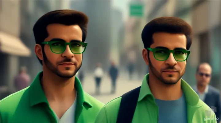 Men in green glasses, looking like a goat and a donkey, are walking towards us along the street of the city. High detail, digital painting style.