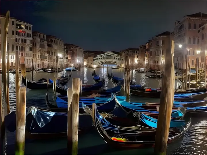 a group of boats standing still in the water on the grand canal in venice at night with the lights on on the quay