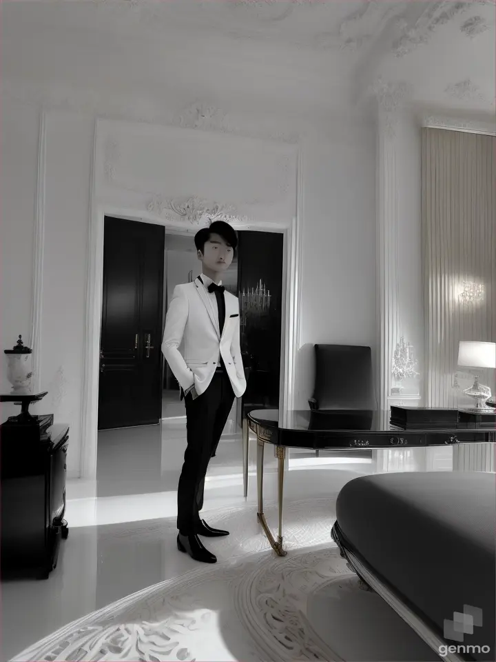korean rich boy in room boy have a android fone  he is standing fone in his hand boy black
