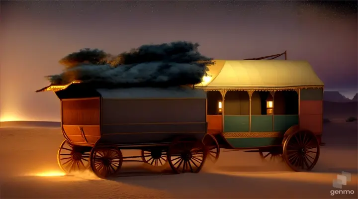 Egyptians travel through the desert at night on an old wagon