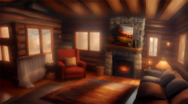 Cozy cabin interior, soft studio lights, warm tones, digital painting