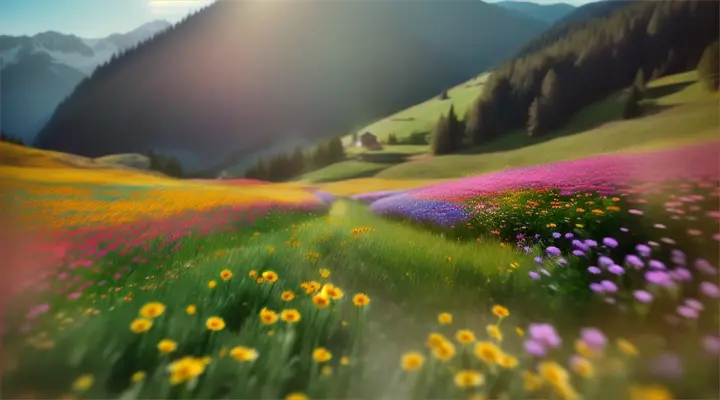 Alpine European meadows with colorful flowers. Camera moves in the grass among yellow and purple summer meadow flowers