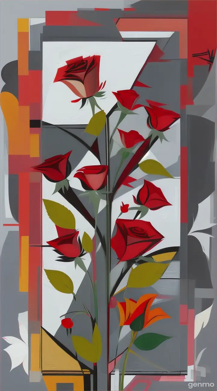 flowers in the cubist style: a stylized red rose, a branch of white astragalus, small wildflowers. finger-painted. Background: pop-art light gray.