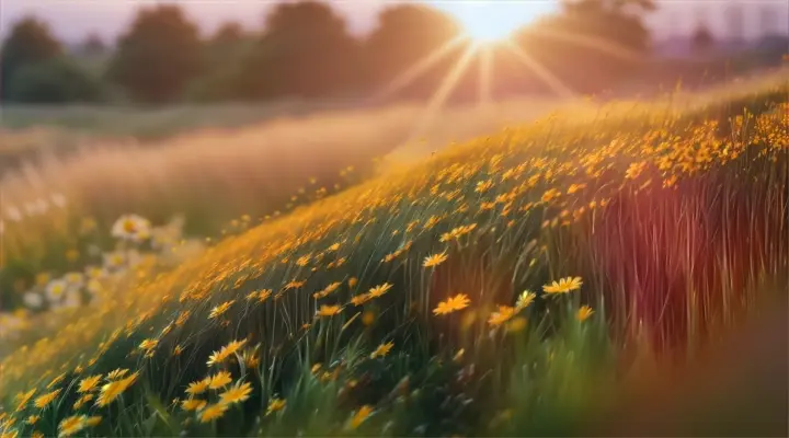 Close up time-lapse of a small section of the wildflower field with daisies moving and swaying in the wind at sunrise