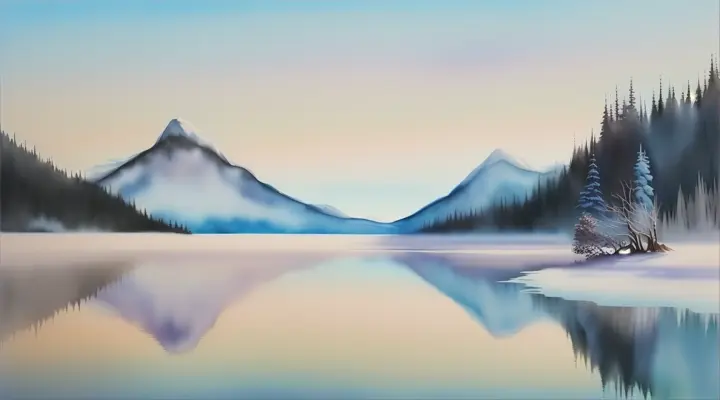 A minimalist watercolor showing the dark shadow of a mountain towering over the frozen blue lake, with delicately painted trees in the foreground